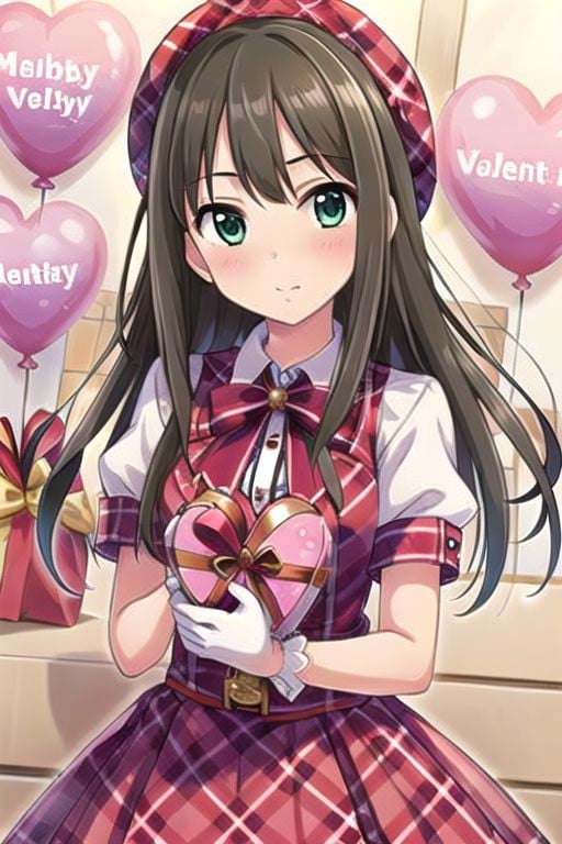 (masterpiece) ,shibuya rin, long hair, brown hair, green eyes, plaid headwear, hat, gift, gloves, box, valentine, balloon, gift box, blush, 1girl,solo