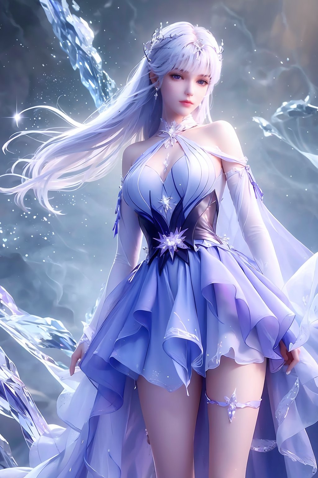 1girl,solo,Breasts,medium-sized chest,white hair,long hair,purple eyes,dress,white gown,hair accessory,earrings,facial decorations,white thigh-high socks,<lora:wy_shengcaier_juexing_1.0:0.8>,<lora:鎏金暗香_v1:0.6>,<lora:GMajic_粒子光效_V1.0:0.2>,<lora:泛光:0.2>,Clothing adorned with crystals,, (8k, RAW photo, best quality, masterpiece:1.2),(realistic, photo-realistic:1.3), ultra-detailed, extremely detailed cg 8k wallpaper,(crystalstexture skin:1.2), (extremely delicate and beautiful),