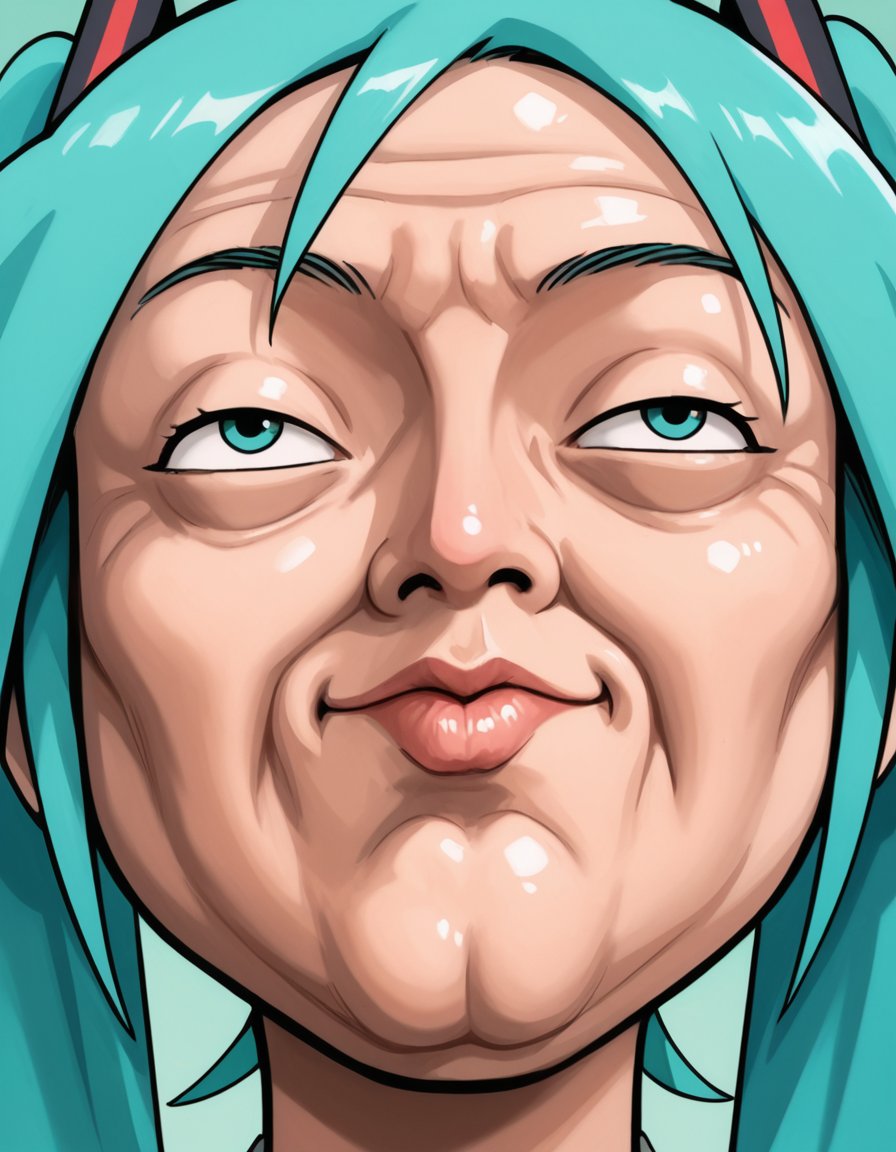 merriviuselfmeme_wronghand,  exaggerated cartoon face,  hatsune miku by Orphea on Tensor.Art