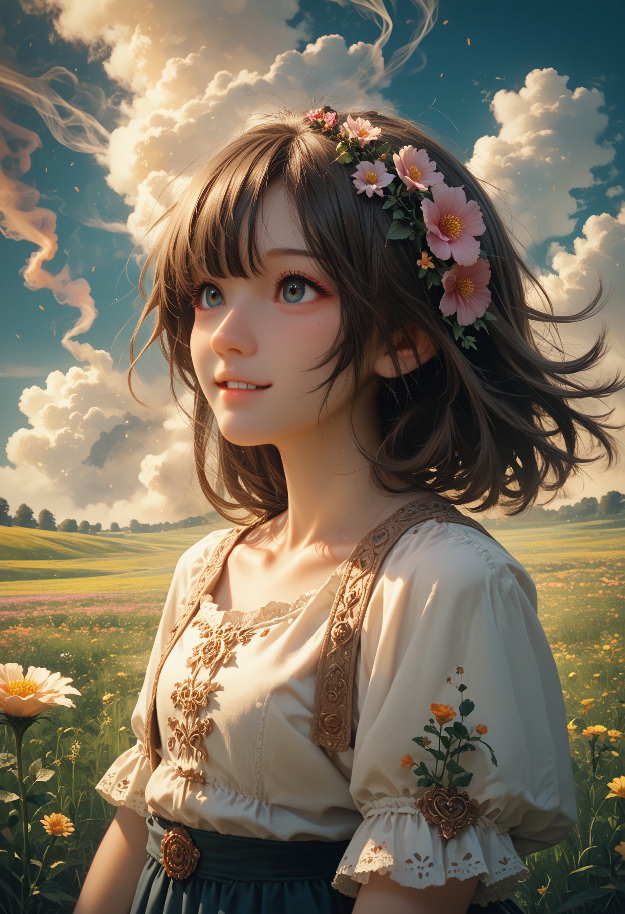 The girl wears cute clothes and runs happily in the flower field,surrounded by beautiful colorful smoke. The smoke surrounds the girl.,, score_9,score_8_up,score_7_up,beast_quality,masterpiece,