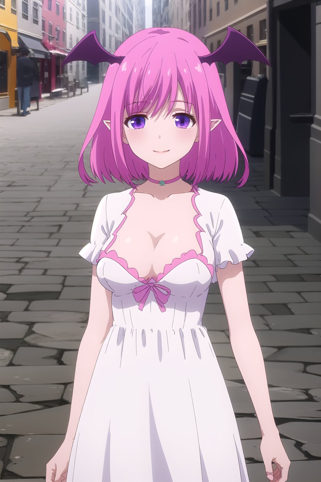 (masterpiece, best quality), highly detailed background, perfect lightingbest quality, ginnyfindesalva, solo, outdoors, fantasy, demon girl, pink hair, head wings, bat wings, hair between eyes, hairclip, medium hair, purple eyes, pointy ears, medium breasts, necklace, choker, jewelry, white dress, pink ribbon, cleavage, puffy short sleeves, smile, closed mouth, :), pink lips, <lora:Ginny-Fin-de-Salva:0.7>