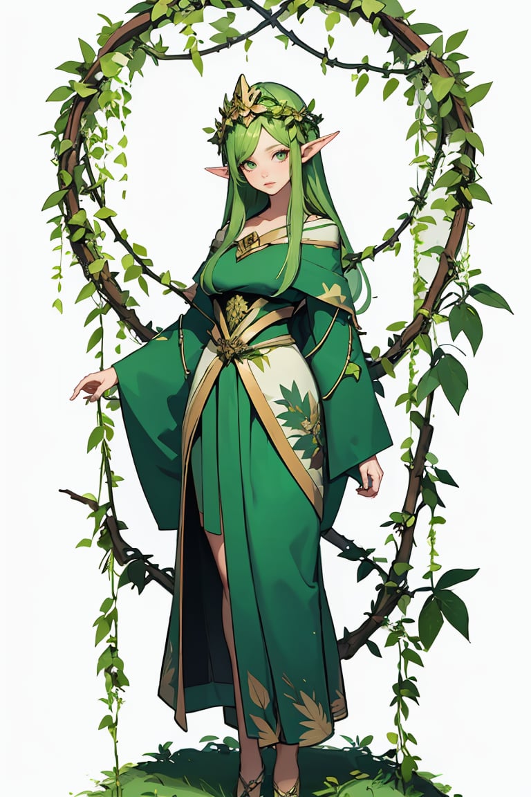 masterpiece, best quality, character_design, <lora:chardesign:0.7>, a green elf woman, full body, long sleeves, skirt, (covered with vines:1.2), leaves, flowers, jewel headdress, white background, simple background, 