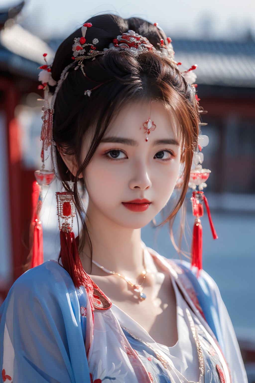 masterpiece, best quality, realistic, 1girl, gufeng style, solo, looking at viewer, black hair, hair ornament, jewelry, earrings, necklace, hair bun, blurry, lips, chinese clothes, cowboy shot, realistic, red lips <lora:Tensorxy_Gufeng_BD_LoRA_v1:0.65:lbw=CLOTHING> 