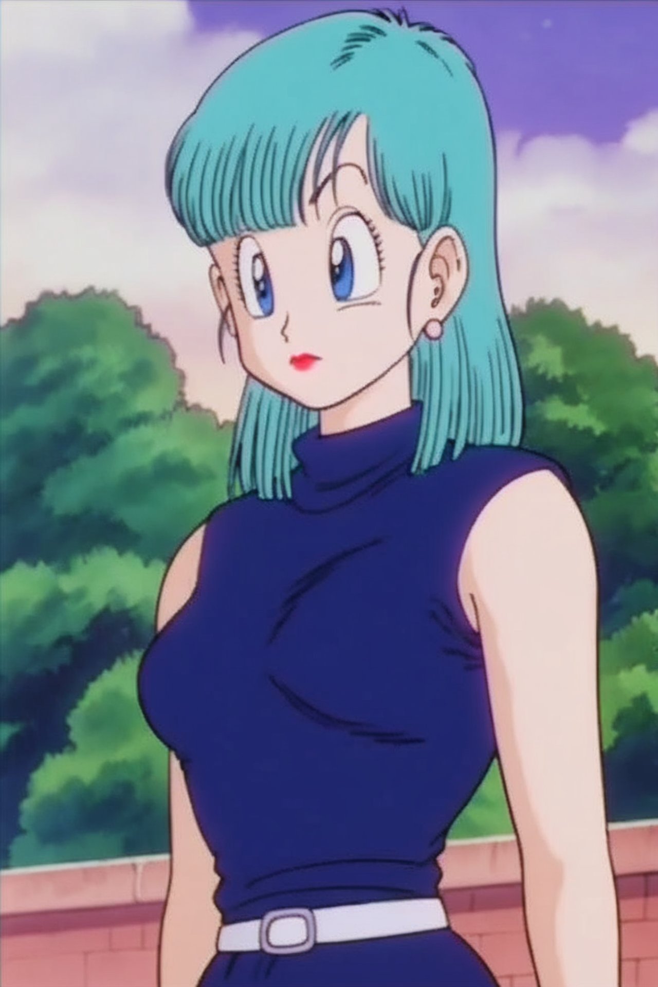 source_anime, score_9, score_8_up, score_7_up, anime screencap, bulma \(dragonball\), aged_up, brick wall, turtleneck, dusk, cloud, 1girl, solo, medium hair, blue eyes, jewelry, earrings, outdoors, sleeveless, tree, aqua hair, makeup, lipstick, retro artstyle, 1990s \(style\), blue dress, expressionless, hand on hip, arm at side, looking to the side, medium breasts, upper body, fringe_trim, standing, eyebrows, eyelashes white belt, <lora:bulma_pony_v1:0.8>