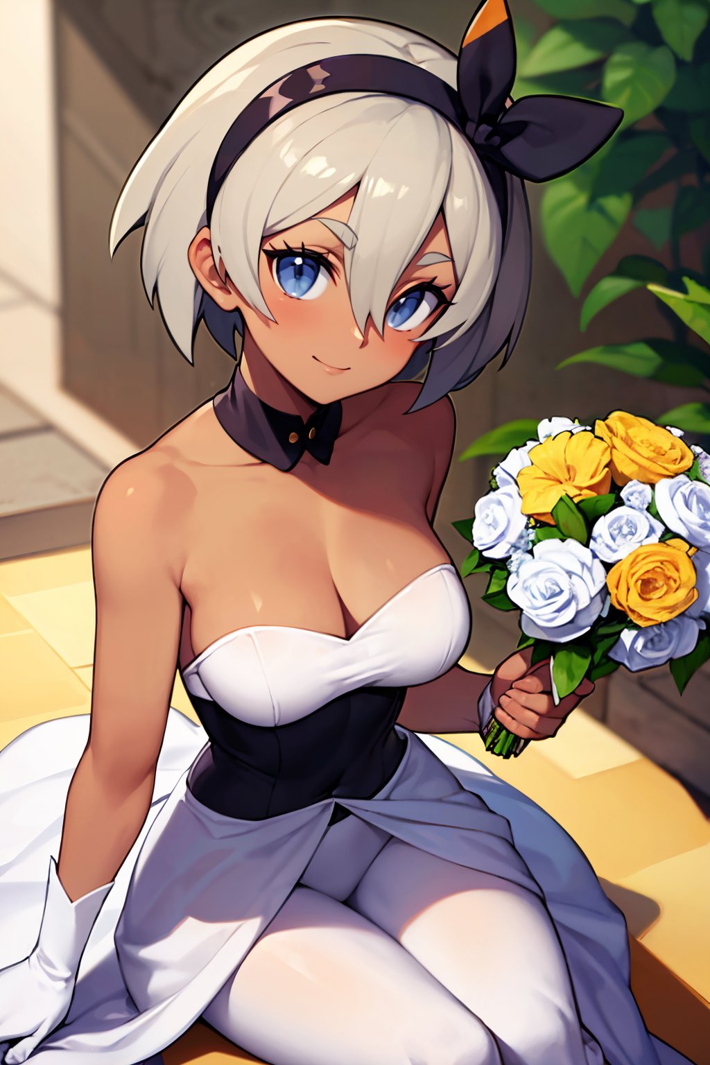 ((masterpiece,best quality)), absurdres,   <lora:Bea_Pokemon_v2:0.8>, bea (pokemon),   black hairband, dark-skinned female, hair between eyes, grey hair, short hair, grey eyes,     bride, wedding dress, bridal veil, strapless dress, elbow gloves,  holding bouquet,   solo, smile, looking at viewer, sitting, from above,  <lora:Bold_CAT:0.5>,