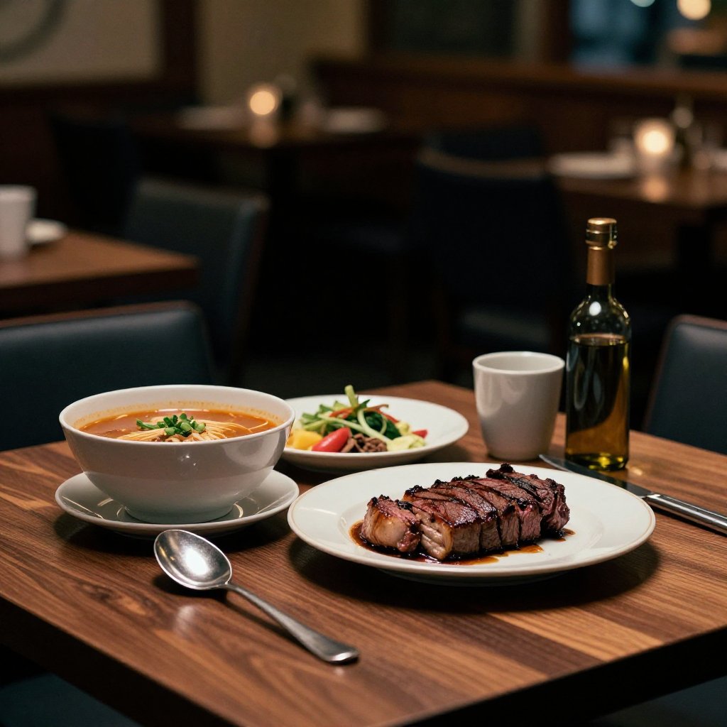 cinematic film still of Photorealistic cinematic photography of a table with a bowl of food and a plate of food,  perfect...