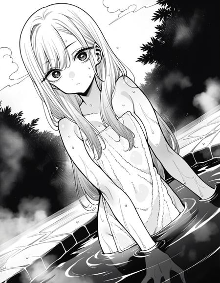 score_9, score_8_up, score_7_up, source_anime,marinkitagawa, <lora:marin-kitagawa-manga-ponyxl-lora-nochekaiser:1>,marin kitagawa, long hair, bangs, monochrome, greyscale,nude, naked, outdoors, onsen, towel, naked towel, steam, bathing, nude cover, partially submerged, water, bath, steam censor, wet towel,looking at viewer, cowboy shot, dutch angle, solo,