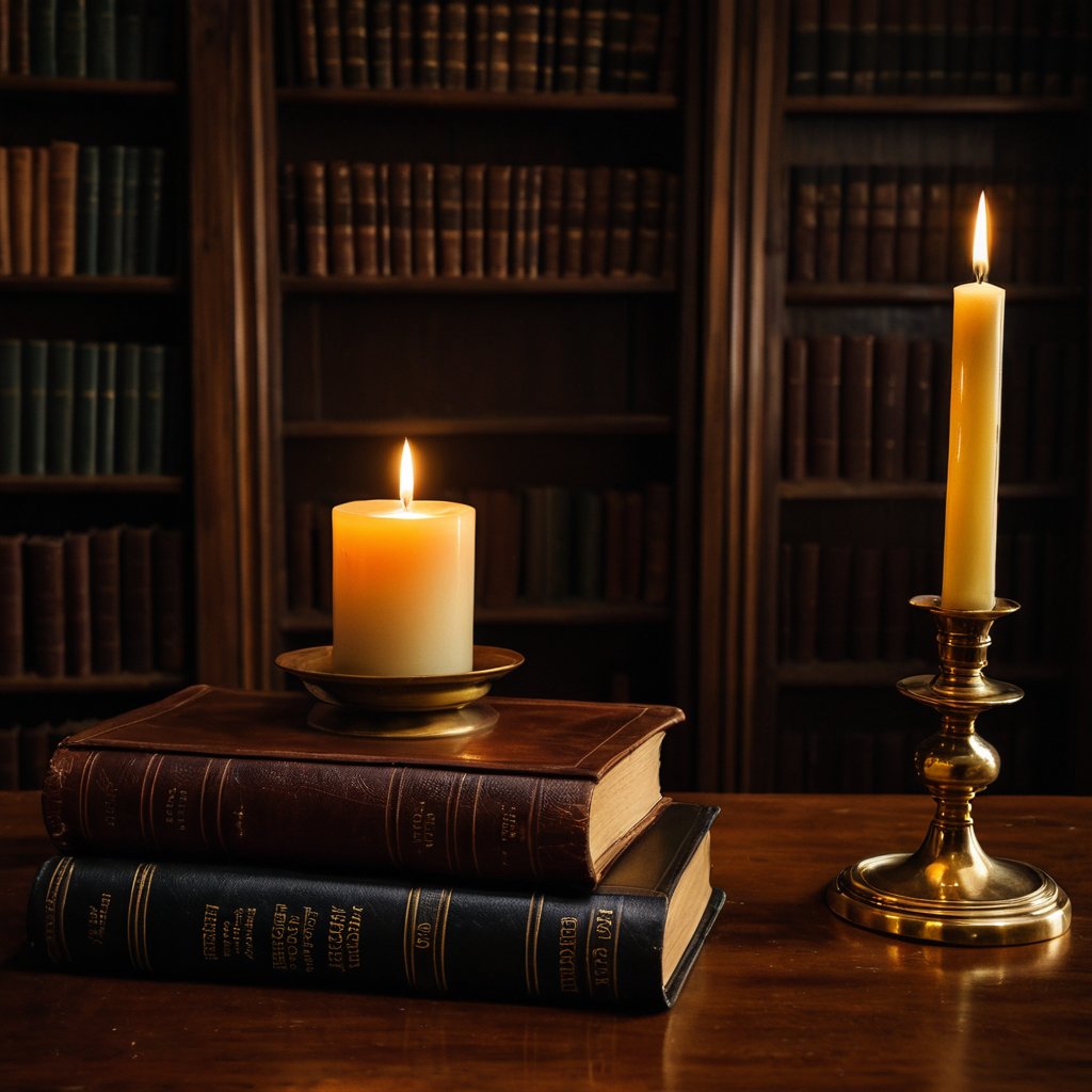 a scented candle on an old wooden library desk with leather books and brass,  warm candlelight glow,  moody scholarly dark...