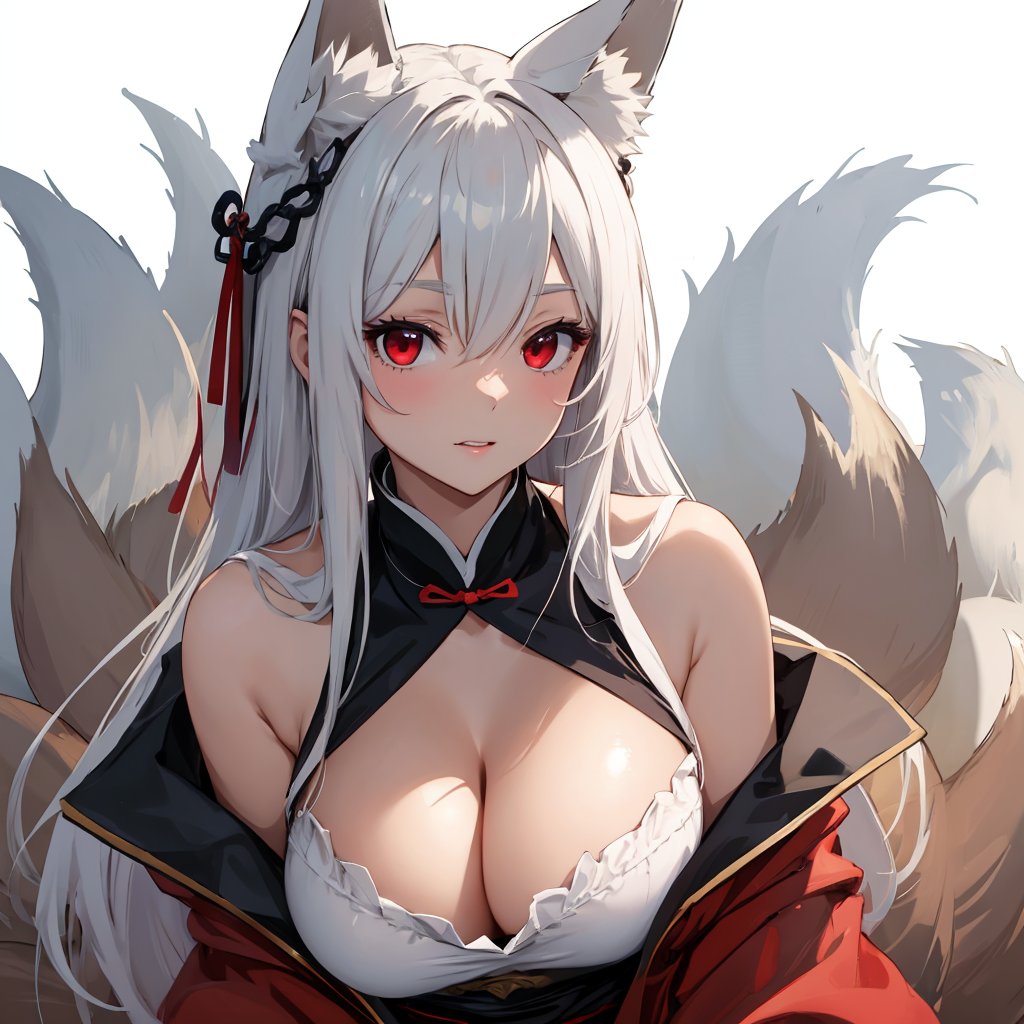 1girl, long white hair, red eyes, slit pupils, fox ears, fox tail, multiple tails, hanfu, large breasts, cleavage, off shoulder