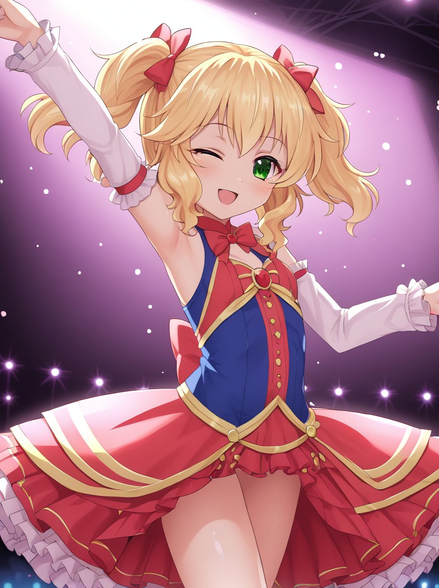 detailed background, shiny skin,<lora:momoka.pony:1.0>,momoka,twintails, idol costume, one eye closed, dancing, detached sleeves, stage, stage light,  audience,  glow sticks, 