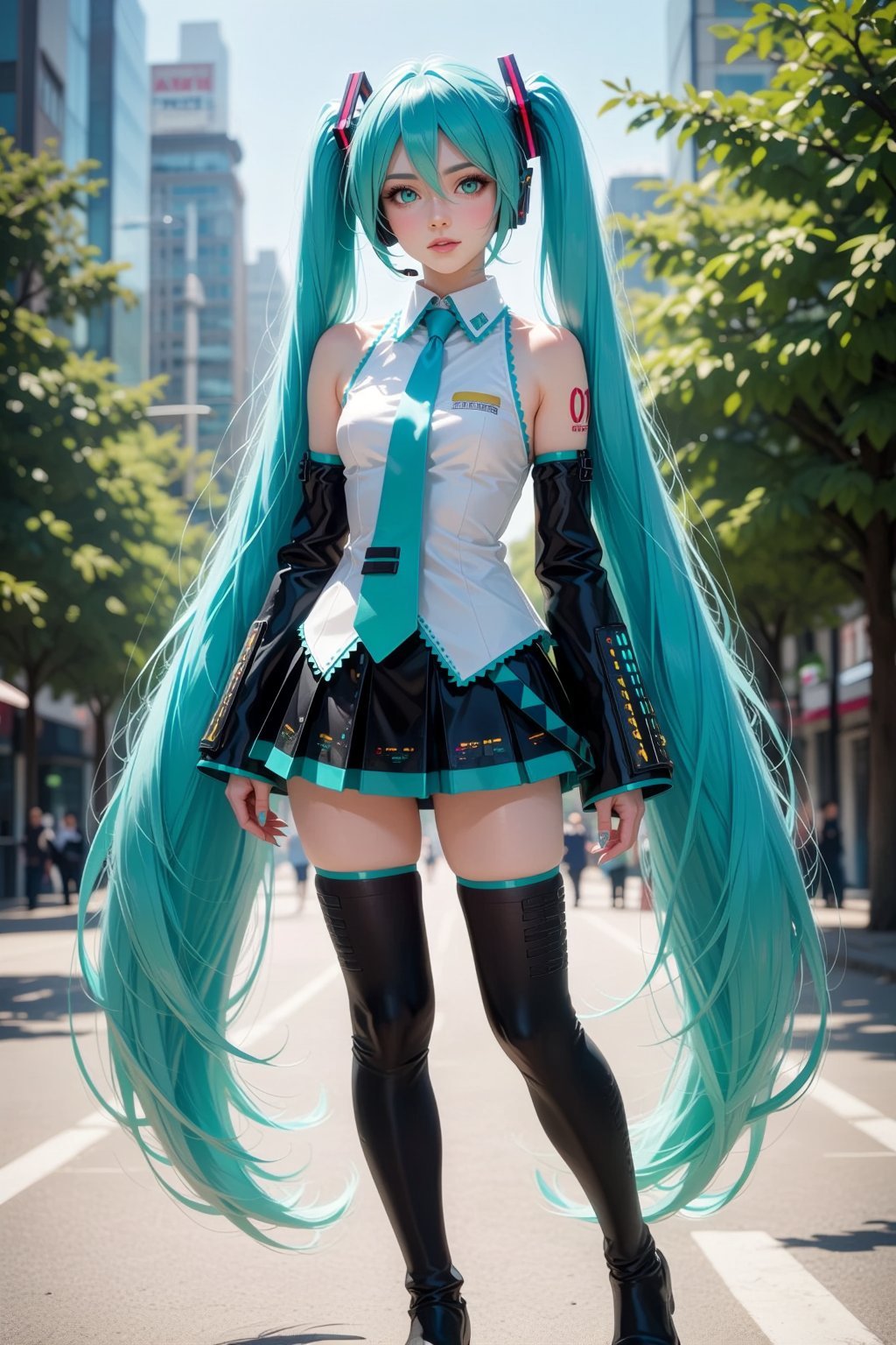 a young woman dressed in an elaborate cosplay of Hatsune Miku,  the popular Vocaloid character. She has long,  flowing tur...