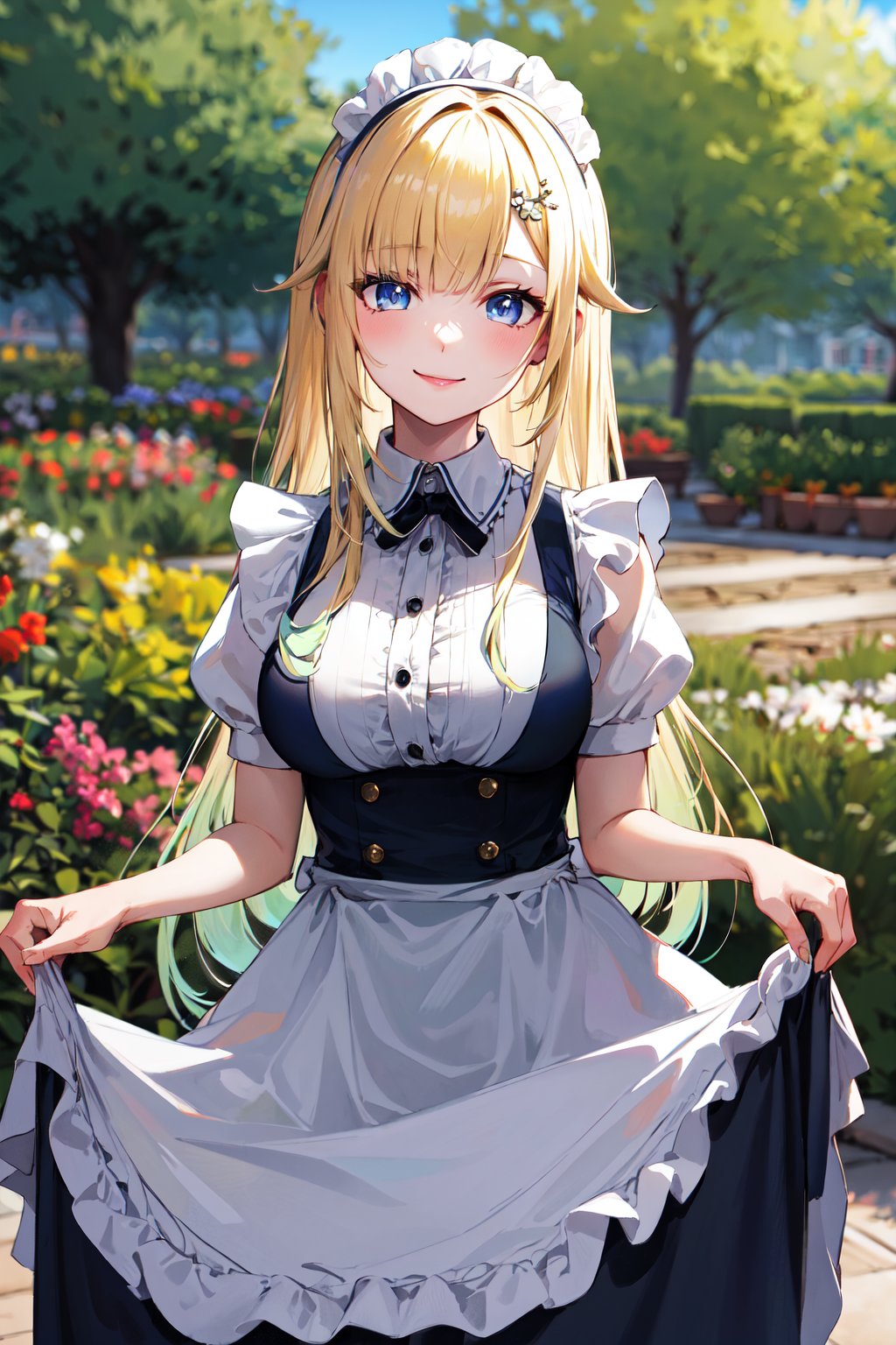 masterpiece, best quality, highres, aaema, long hair, gradient hair, hair ornament, <lora:aizawa_ema_v1:0.7>, maid, maid headdress, apron, garden, smile, skirt hold, 