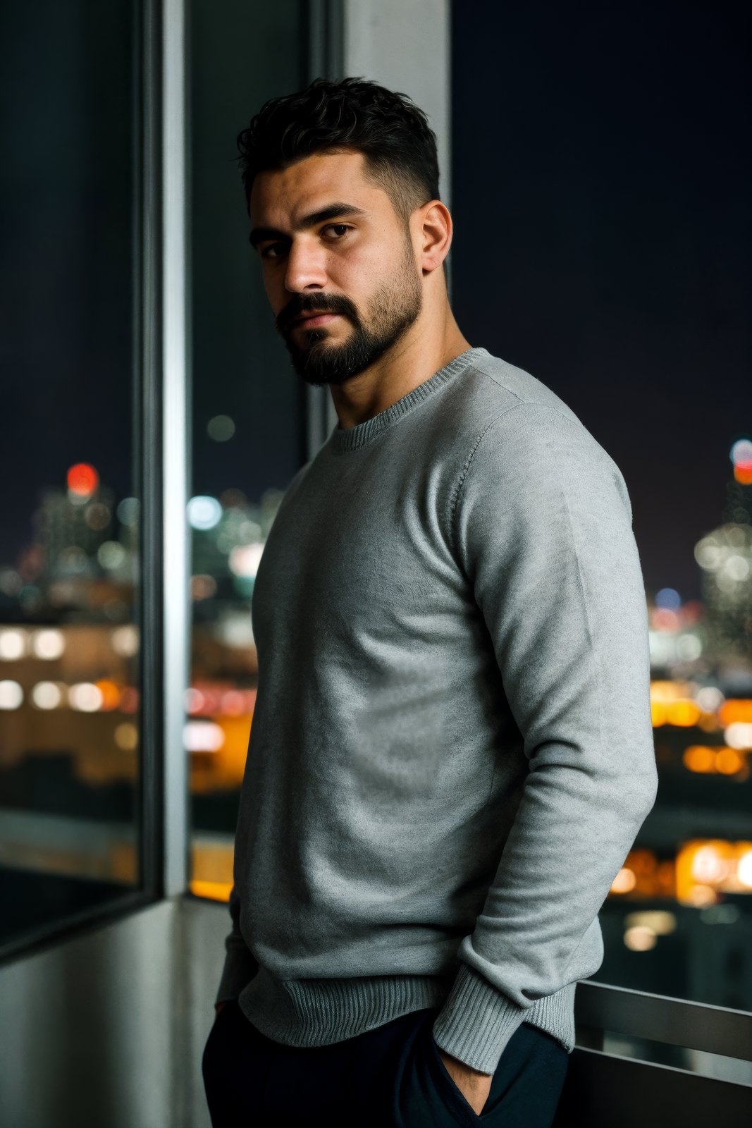 closeup photo of a man wearing fitted sweater, facial hair, blurred city skyline, urban rooftop, twilight, natural light, city lights, subtle backdrop, intense and introspective mood, skin texture, modern (rugged:0.4) aesthetic, thoughtful expression, cropped torso, under dramatic edge lighting, triangular composition, shot on a Sony A7III