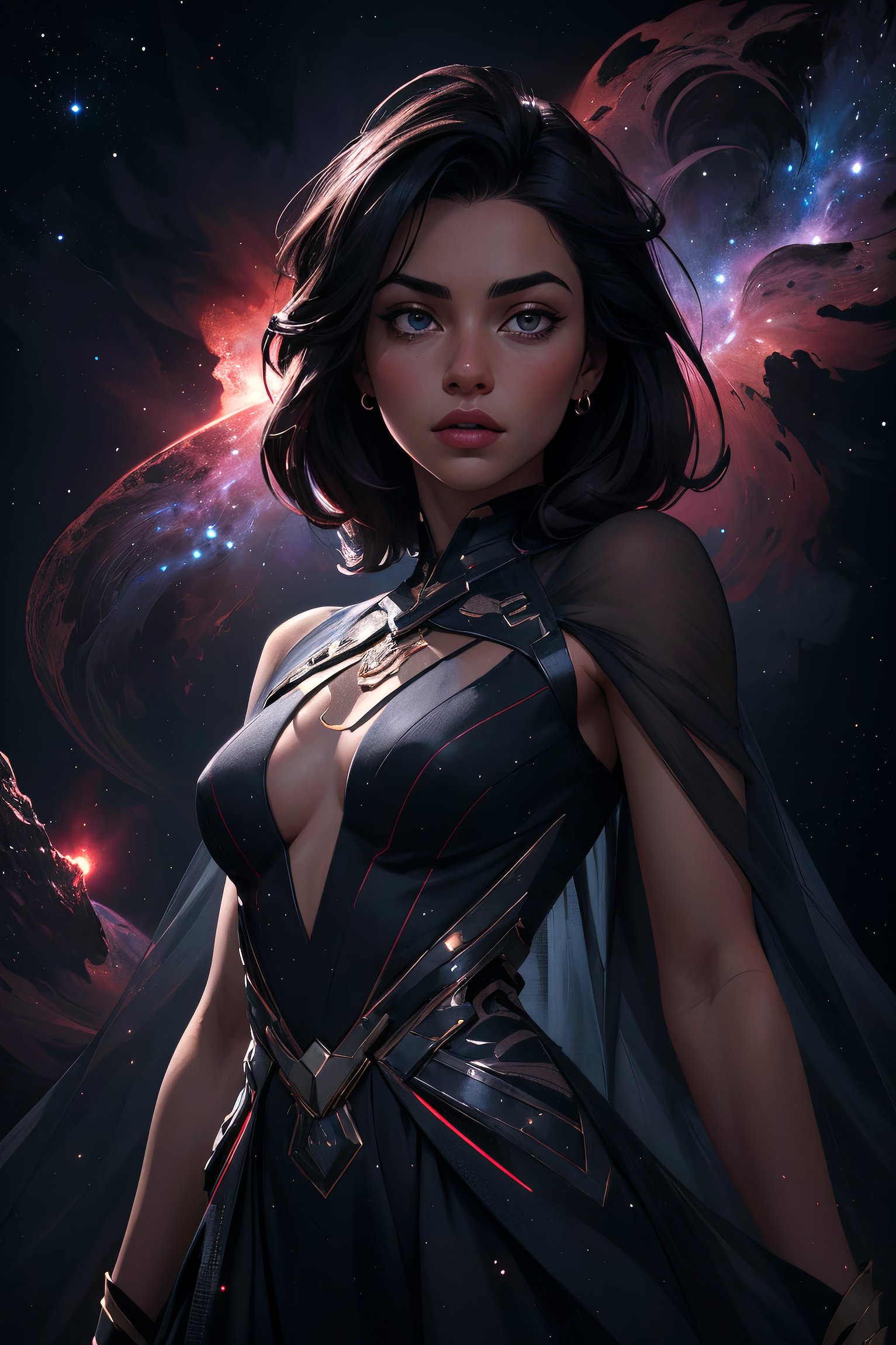 (masterpiece, best quality, highres, high resolution:1.2), extremely detailed, realistic, intricate details, 1girl, solo, looking at viewer, (abstract art:1.3), (dark theme:1.2), art, stylized, deep shadow, dark theme, cosmic dress, cosmic beauty, in space, nebula, (cinematic lighting, bloom, volumetric)