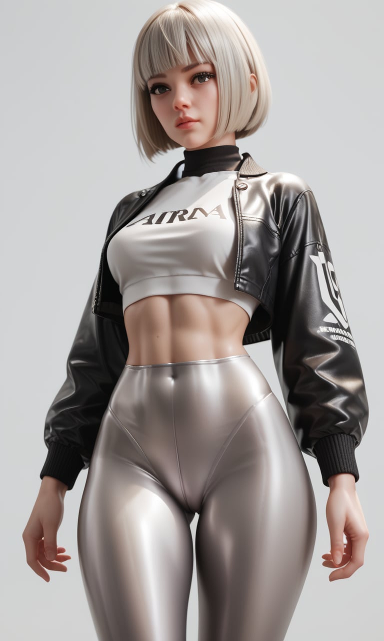 score_9, score_8_up, score_7_up, score_6_up, score_5_up, score_4_up, BREAK, 1lady,solo,leggings,cropped top,jacket,platinum blonde,bob cut,cowboy shot,black eyes,a hovering text '?',