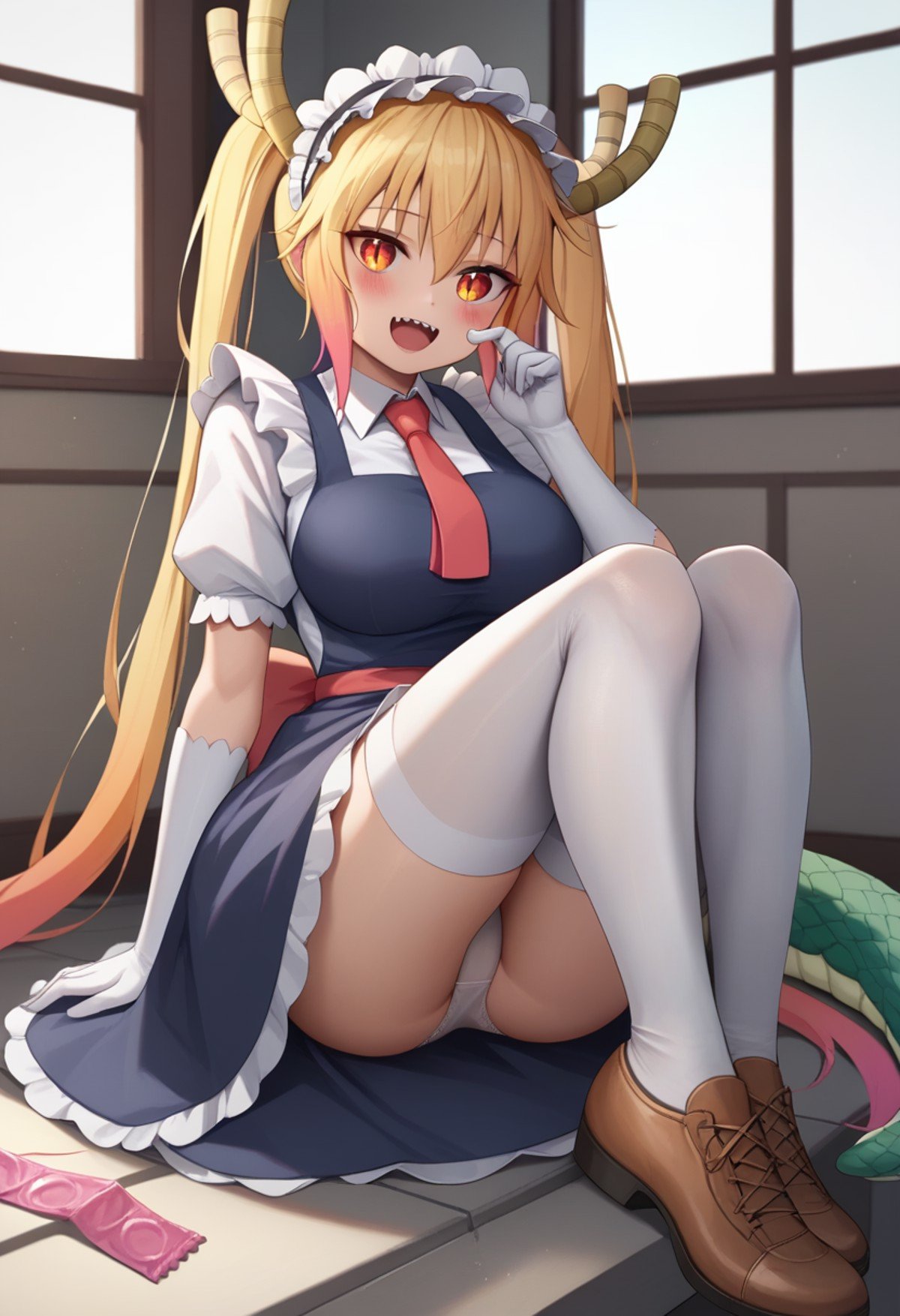 score_9,score_8_up,score_7_up, <lora:tohru_(maidragon)_pony:1>，tohru_\(maidragon\), shoes, white_panties, 1girl, dragon_girl, sitting, solo, looking_at_viewer, white_thighhighs, short_sleeves, day, white_gloves, indoors, commentary_request, red_necktie, open_mouth, window, pantyshot, condom, scales, blush, arm_support, maid_headdress