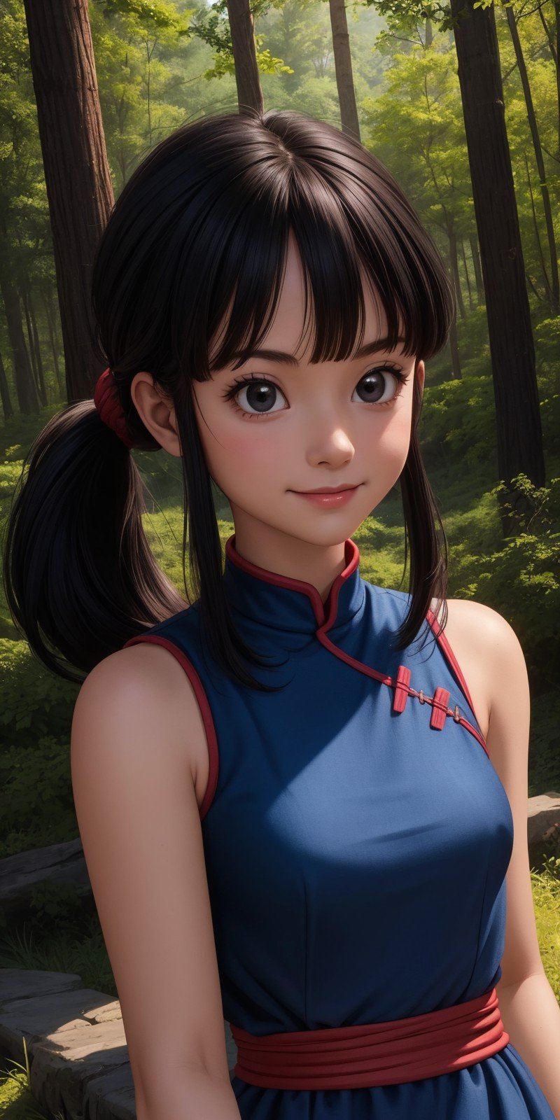 chichi, 1girl, solo, black eyes, black hair, blunt bangs, ponytail, sidelocks,china dress, blue dress, sleeveless, red sash, wristband, bare shoulders, smile,closed mouth,cowboy shot,forest,outdoor,(insanely detailed, beautiful detailed face, masterpiece, best quality) cinematic lighting,<lora:DB_ChiChi_v2:1>, <lora:more_details:0.3>,