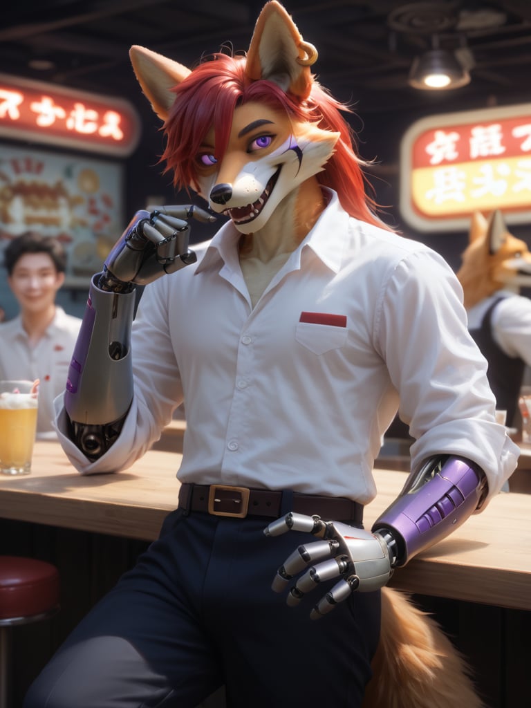 score_9, score_8_up, score_7_up, photorealistic, high quality, furry, kemono, male, fox, red hair, purple eye, robot, android, animatronic, white shirt, pants, boot, pirate, diner stage, happy, host party, robot arm, ear ring