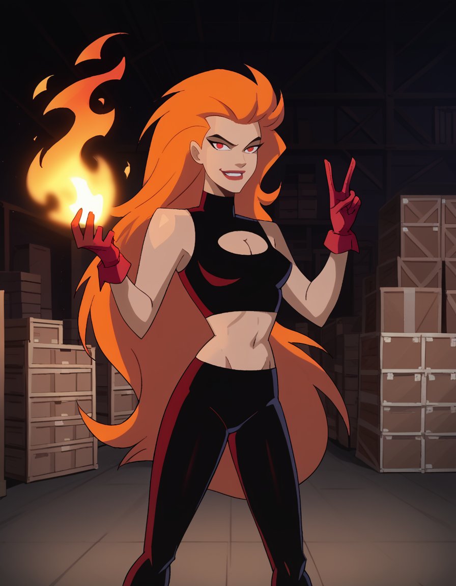 score_9, score_8_up, score_7_up, dcaustyle, 1girl, volcana, orange hair, very long hair, red eyes, cleavage cutout, pointy breasts, midriff, black clothing, leggings, red gloves, hand up, shooting fire from her hand, (smirk:0.6), dark background, warehouse, bloom