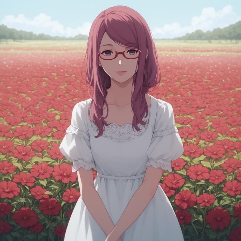 <lora:SlimesRize-000005:1>,  score9_up, score8_up, score7_up, score6_up, slimes_rize, woman, solo, dress, red glasses, red flower field background