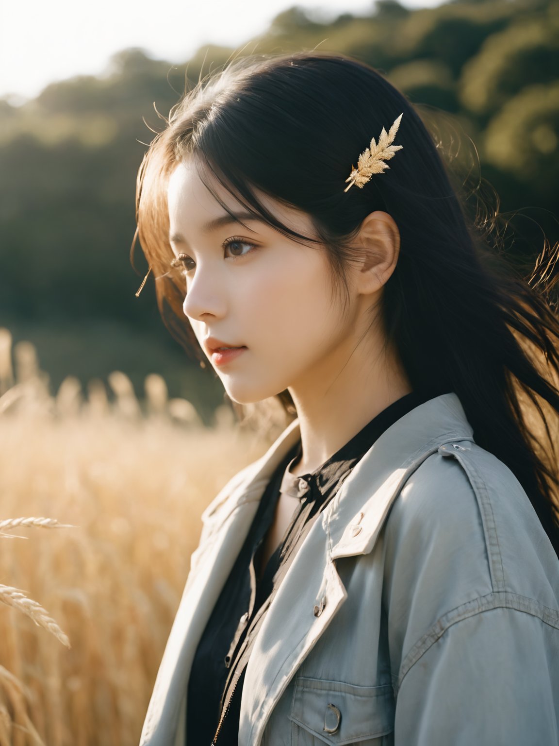 from side,1girl,solo,realistic,jacket,black hair,black headband,Unruly hair,Golden straw,cloud,lens_flare,Natural light,portrait,Grey Film filter,(KODAK Ektar 100:1.2),