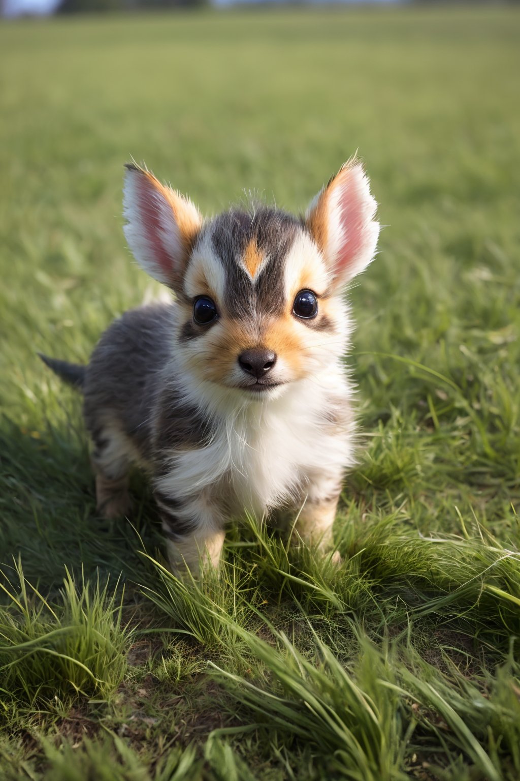 amazing quality, masterpiece, best quality, hyper detailed, ultra detailed, UHD, perfect anatomy, portrait, dof, hyper-realism, majestic, awesome, inspiring, perfect meadow ground with fluffy cute green smol animal zhibi grashopper in it, earth, gritty, grass, cinematic composition, soft shadows, national geographic style