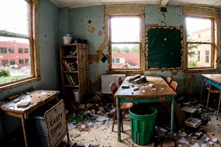 RAW photo,subject,8k uhd,dslr,soft lighting,high quality,film grain,Fujifilm XT3,,,ruanyi0056,book,book stack,bottle,box,broken,broken glass,broken window,bucket,cardboard box,chair,chalkboard,classroom,curtains,debris,desk,glass,grass,indoors,messy room,ruins,school,school desk,shelf,table,trash can,wall,water,dirty,reflection,dirt,dust,no humans,<lora:detail_slider_v4:1>,<lora:0056 abandoned school_v2:1>