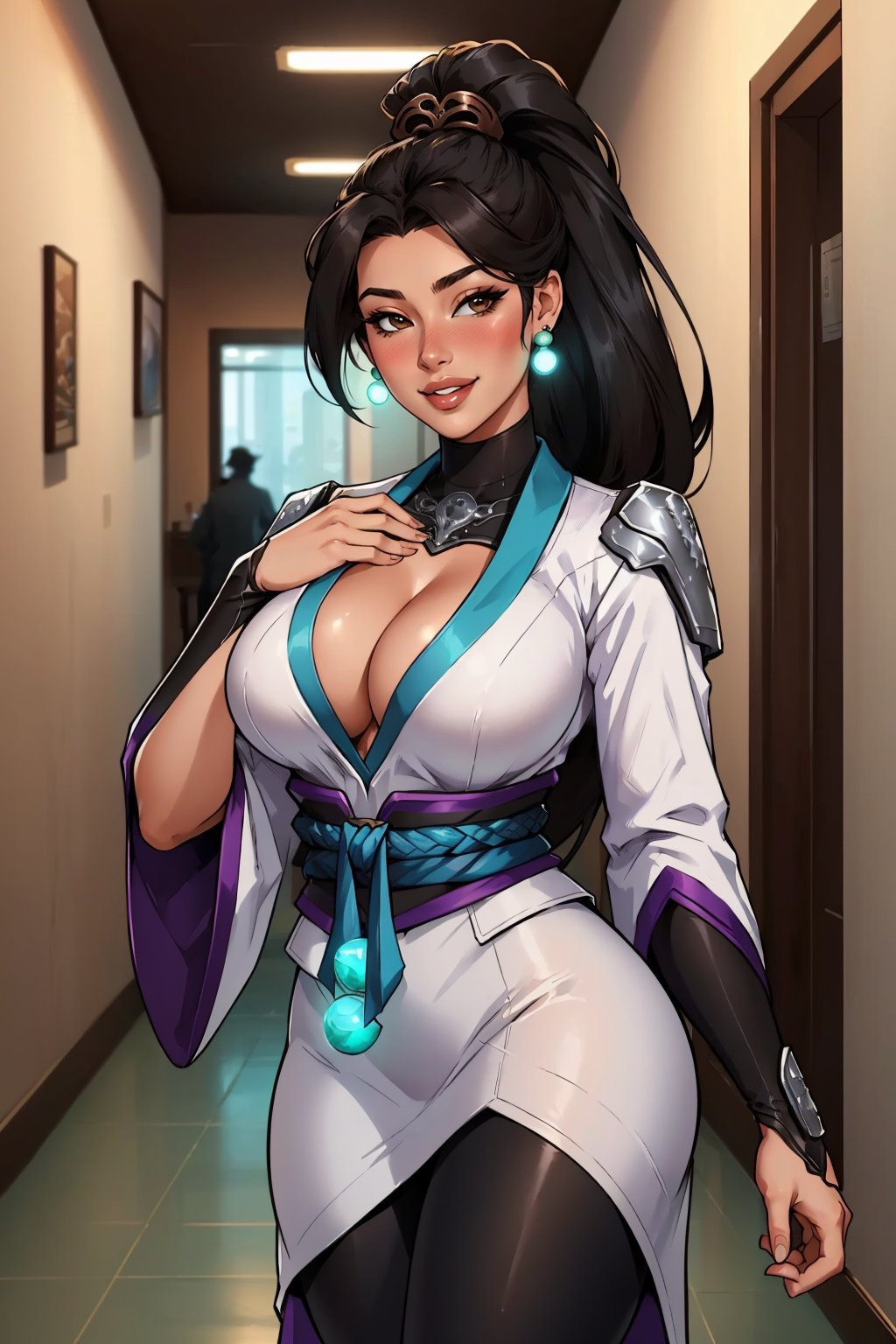 masterpiece, best quality, 1girl,  <lora:valorantsage-nvwls-v1-000009:0.9> valorantSage, ponytail, earrings, white robes, bridal gauntlets, sash, black pants, large breasts, cleavage, smile, parted lips, blush, hand on own chest, cowboy shot, looking at viewer, hallway