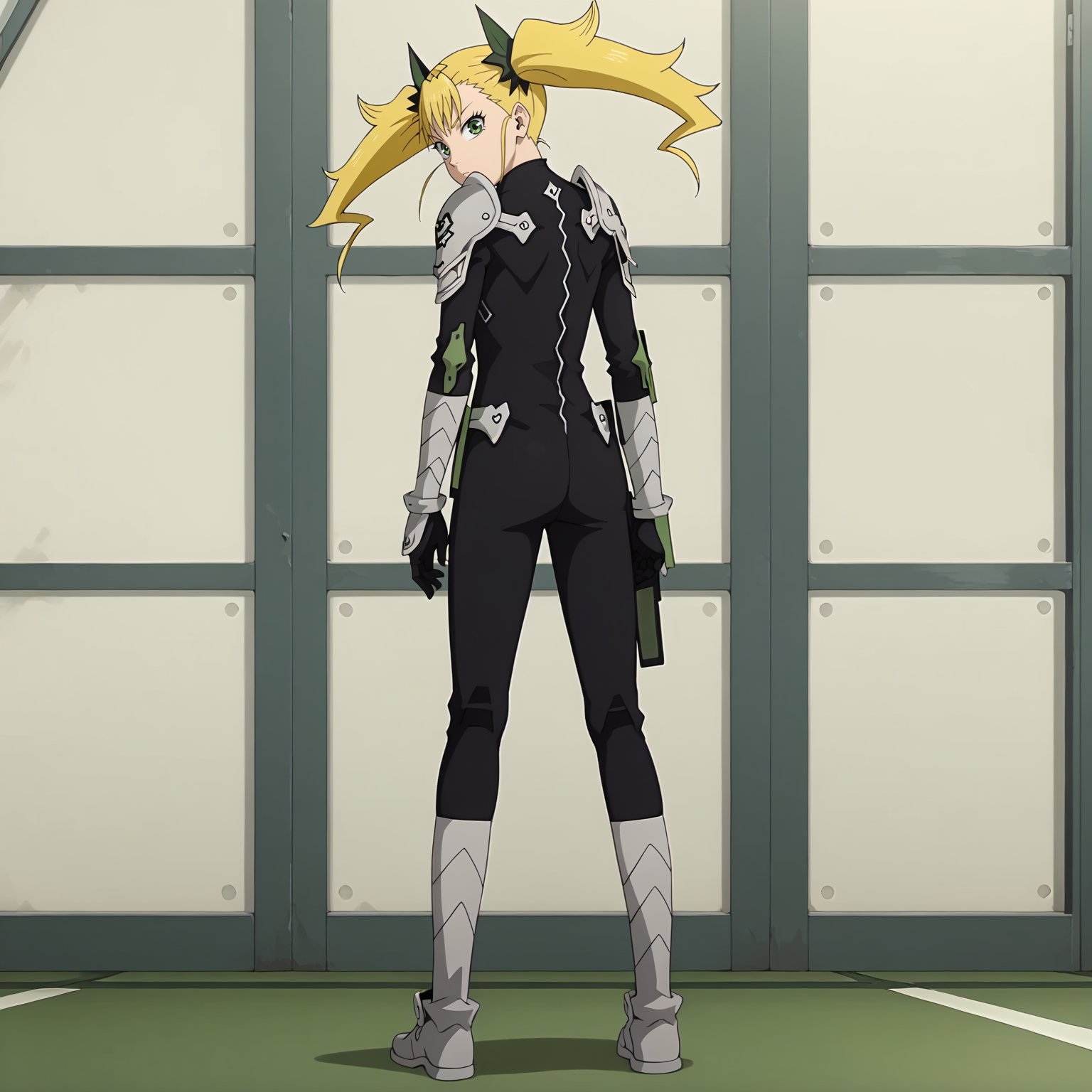 <lora:KikoruShinomiyaXLpony002>,solo,KikoruShinomiya,1girl,blonde hair,twintails,green eyes,black bodysuit,shoulder armor,gauntlets,boots,full body,standing,looking back,