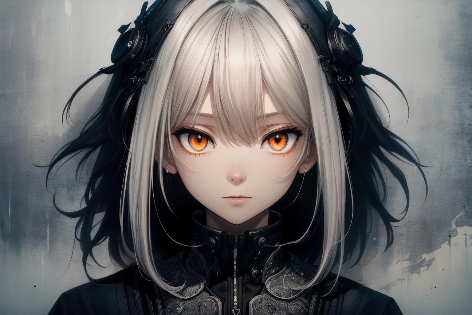 style of Tsutomu Nihei, (incredibly absurdres, (high resolution:1.18), intricate detail, (masterpiece:1.1), (highest quality:1.1), absurdres), BREAK (1girl, solo, portrait, white hair, orange eyes, long hair, detailed eyes)