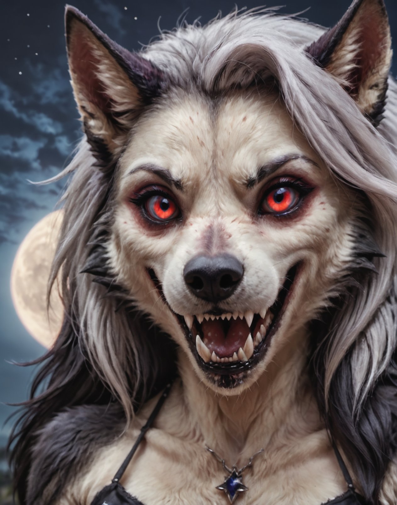 realistic macro photo anthro  Loona Hellhound, face , detailed  fangs , epic night  sky <lora:LoonaRealisticV1.0:0.7>