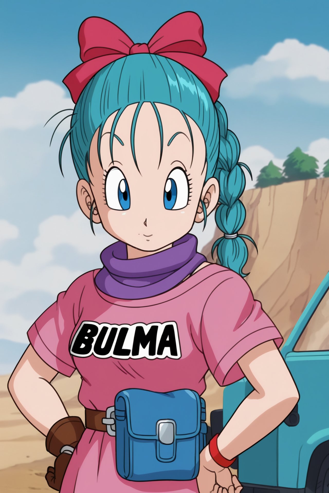 source_anime, score_9, score_8_up, score_7_up, anime screencap, bulma \(dragonball\), 1girl, eyebrows, solo, holster looking at viewer, blue eyes, shirt, gloves, bow, ribbon, aqua hair, hair ribbon, braid, outdoors, sky, day, belt, cloud, bag, scarf, :o, character name, blue sky, hand on hip, single braid, cloudy sky, wristband, pink dress, clothes writing, brown gloves, single glove, pink shirt, hands on hips, watch, braided ponytail, mountain, wristwatch, purple scarf, fanny pack, short sleeves, upper body, eyelashes,fingernails,  <lora:bulma_pony_v1:0.8>