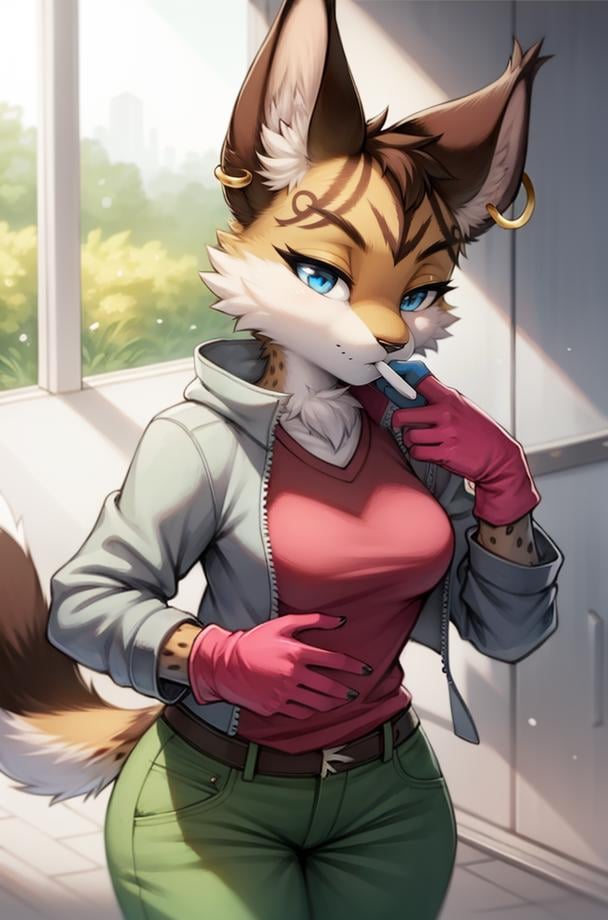 (anthro furry:1.2),1girl, solo,  MiyuCzar, female, lynx, (brown fluffy fur, lynx ears, blue eyes, small breasts, gold hoop ear ring), (grey jacket, pink shirt, green pants, gloves), (standing, blowing kiss,), (masterpiece:1.2), hires, ultra-high resolution, 8K, high quality, (sharp focus:1.2), clean, crisp, cinematic, <lora:Miyu1-12:1>