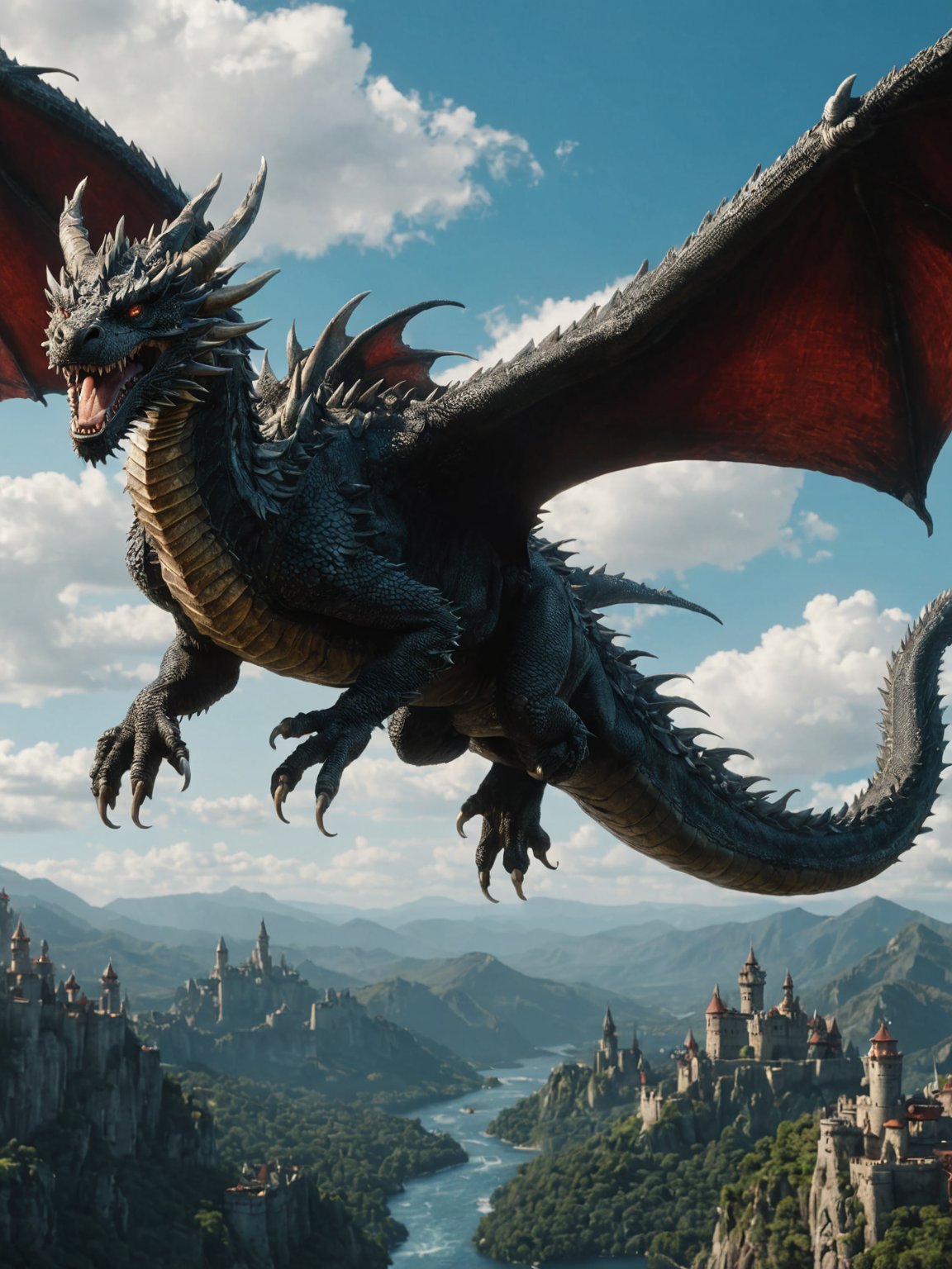 (masterpiece), (extremely intricate:1.3), (realistic), movie screencap, dragon flying through the sky, 8k, 4k, hd