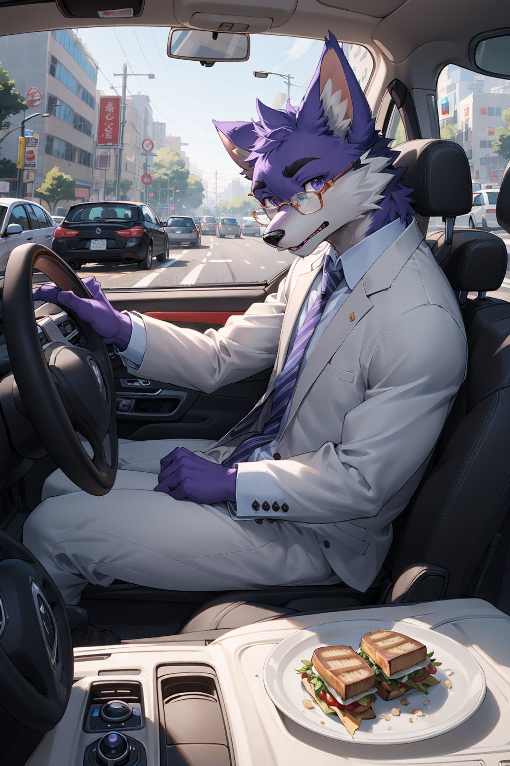 best hands,wide Shot,best quality,from below,(masterpiece,ultra detailed 8k art,cowboy Shot),fisheye lens,from the front,(anthro:1.5),looking away,1  purple furry male, purple furry hand,Fluffy, (Focus on the purple male dog),close-up face,Inside the car,Late 30s male anthropomorphic dog BREAKlook out the window,Wear glasses,holding a sandwich in one hand, dressed in a business suit,navigating traffic in a white car during his morning commute , troubled eyebrows, closed mouth, (many cars outside the window)  BREAKFrustration sets in as he's caught in a traffic jam, trying to stay composed while steering from the driver's seat,A comedic scenario takes place as the hurried male driver munches on a breakfast sandwich while steering through the traffic snarl, deftly navigating the morning rush.