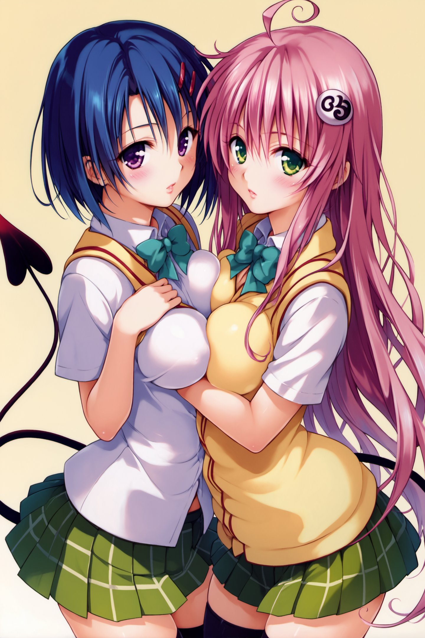 lala satalin deviluke,haruna sairenji,multiple girls,2girls,school uniform,thighhighs,pink hair,tail,long hair,skirt,green eyes,demon tail,short hair,hair ornament,breasts,ahoge,blush,momo velia deviluke,purple eyes,plaid skirt,plaid,blue hair,shirt,very long hair,zettai ryouiki,medium breasts,breast press,hairclip,looking at viewer,pleated skirt,green skirt,hand on own chest,bow,score_8_up,<lora:Yabuki Kentarou_XL_PONY:0.8>,