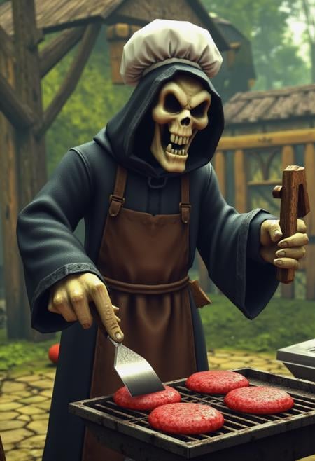 conkerlr. The grim reaper wearing a chef's hat and apron,  wielding a spatula,  grilling burgers on a barbecue outside. by...