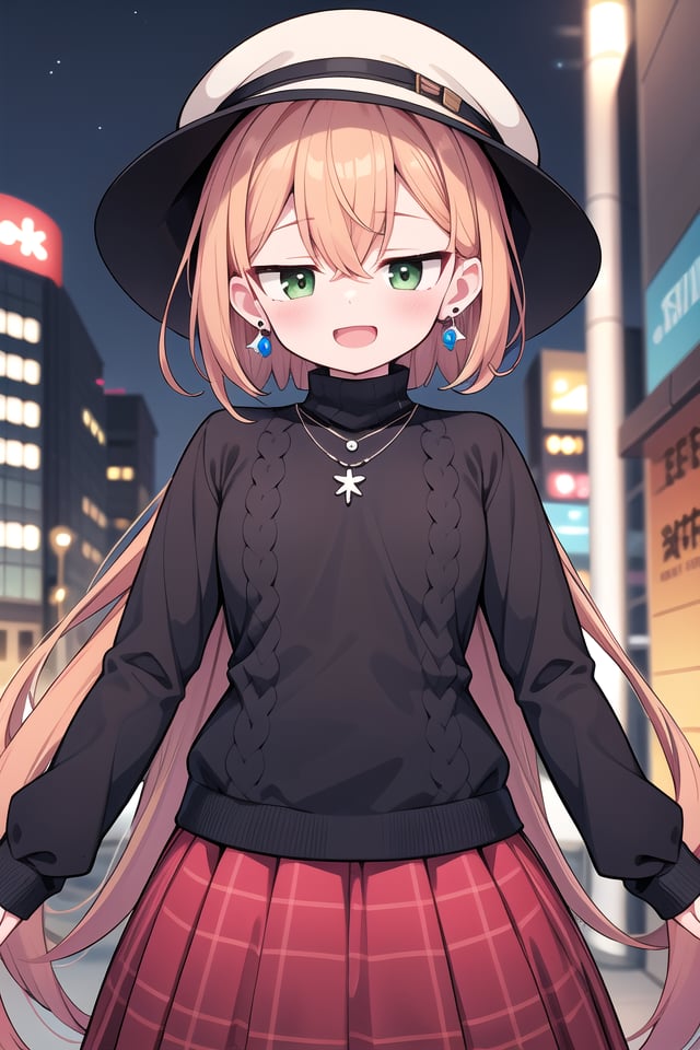 insanely detailed, absurdres, ultra-highres, ultra-detailed, best quality,1girl, solo, nice hands, perfect handsBREAK(black theme:1.4), (fit body:1.3), (tight long sleeve and turtleneck (black sweater):1.4), (black heeled boots with lace-up:1.1),BREAK(black and red theme:1.3), ((red) high-waisted ((maxi length skirt, very long A line skirt):1.2) with [plaid pattern]:1.4), ((black) bucket hat with wide brim:1.4),BREAK((earrings, necklace):1.2),(naked skin:-1), (mini skirt:-1), (legs:-1), (straw hat:-1), (red hat:-1), (green hat:-1), (white sweater:-1), (slit:-1), (belt:-1), (multiple necklaces:-1), (navel:-1), (waist:-1), (cleavage:-1.5)BREAKhappy smile, laugh, open mouthBREAK(45 angle:-1.5), (from side:-1.5),standing, cowboy shot, looking at viewerBREAKslender, kawaii, perfect symmetrical face, ultra cute girl, ultra cute face, ultra detailed eyes, ultra detailed hair, ultra cute, ultra beautifulBREAKin street, cityscape in tokyo, depth of field, ultra detailed backgroundBREAKmedium large breastsBREAK(orange hair, green eyes), short hair, hair between eyes