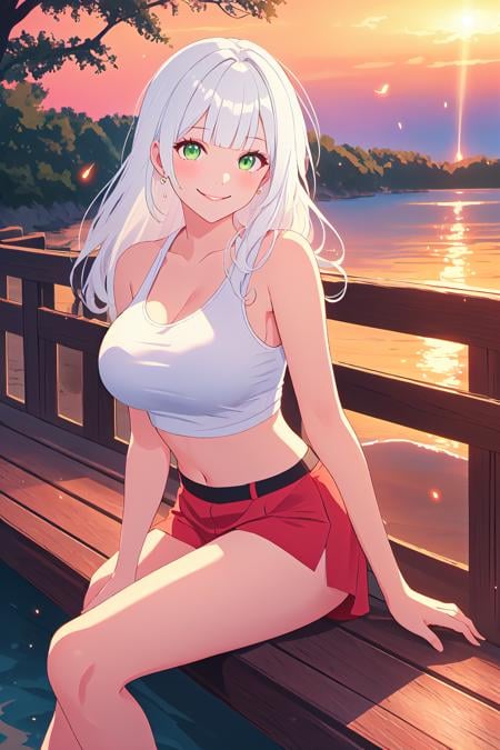 long hair, white hair, green eyes, sitting on boardwalk, sunset, light particles, fireflies, volumetric lighting, tank top, large breasts, smile, sparkling eyes, blunt bangs