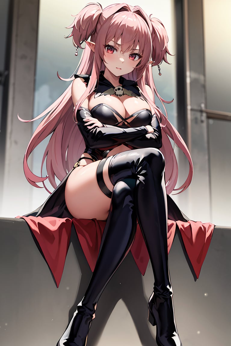 masterpiece, best quality, highres, <lora:Twiska:0.7>, twiska, long hair, two side up, pointy ears, large breasts, black leotard, black collar, skull brooch, o-ring, detached sleeves, black thigh boots, crossed legs, crossed arms, sitting