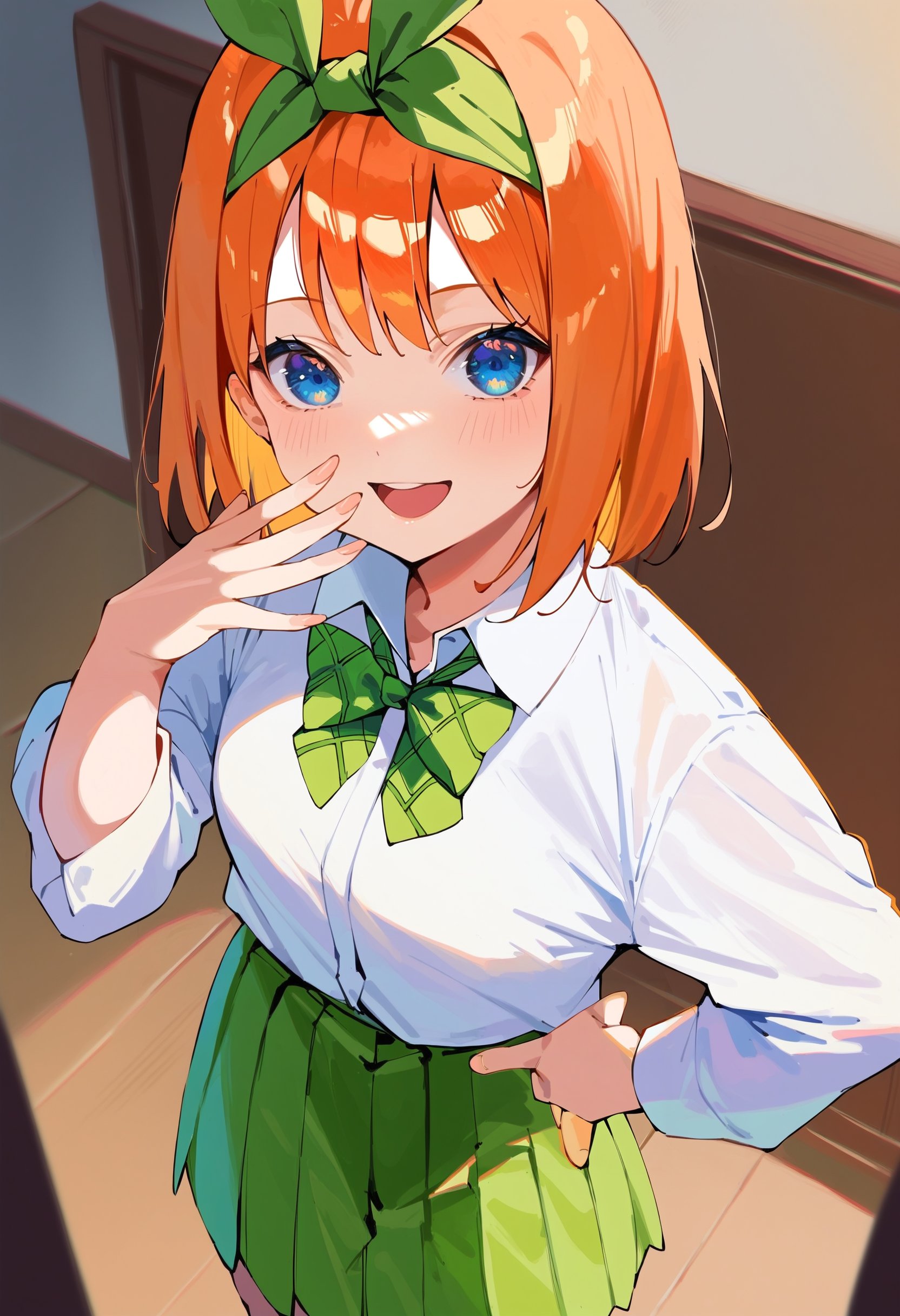 score_9, score_8_up, score_7_up, score_6_up, source anime,abustoypnxl, nakano yotsuba, green hairband with ribbon, 1girl, orange hair, blue eyes, hand on own hip, hand up,delicate fingers, fingernails, foreshortening,green pleated skirt, white shirt, collared shirt, indoors, smile, open mouth, from above,masterpiece, best quality, very aesthetic, absurdres<lora:quintessential_quintuplets:1>