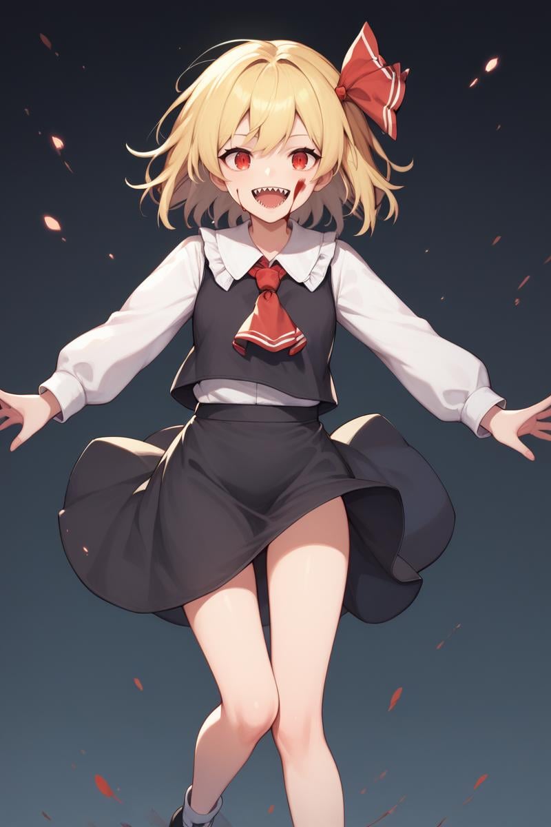 score_9, score_8_up, score_8, score_9, 1 girl, source_anime, black vest, white shirt, long sleeves, black skirt, blonde hair, red eyes, red ascot, hair ribbon, rumia, <lora:rumia_pony-10:1>, 1girl, floating, [outdoors, night,] (darkness), spread arms, (black background), open mouth, sharp teeth, smile, evil smile, blood on face, 