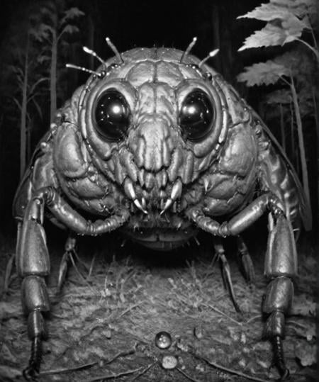 camera trap, monochrome, Creepy giant beatle looking at the camera, monster, horror   <lora:Camera trap:1>