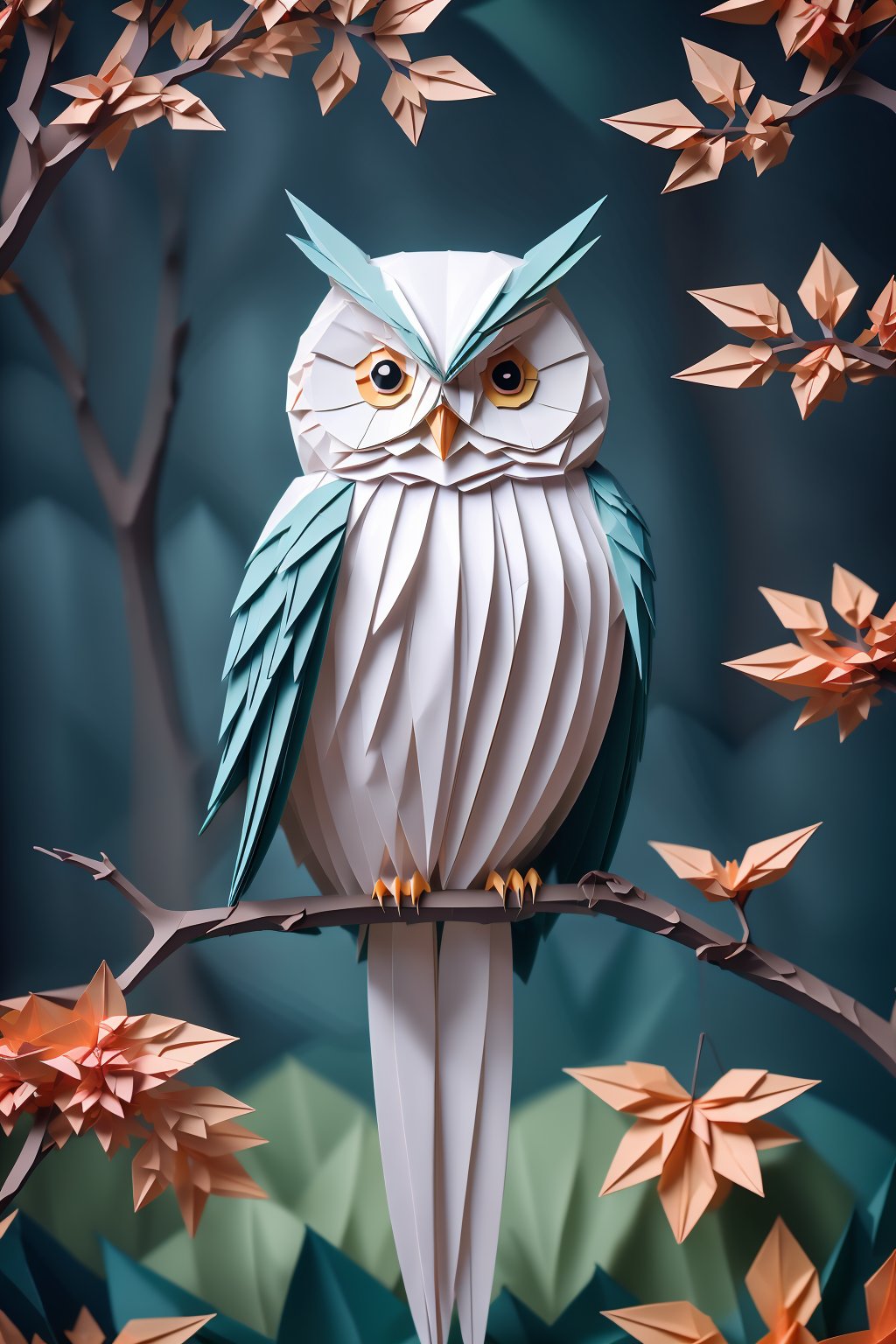 ((best quality)), absurdres, ((ultra high res)), origami, a paper owl sitting on a tree branch, extremely detailed, realistic, 8k, masterpiece, <lora:origami:0.8> 