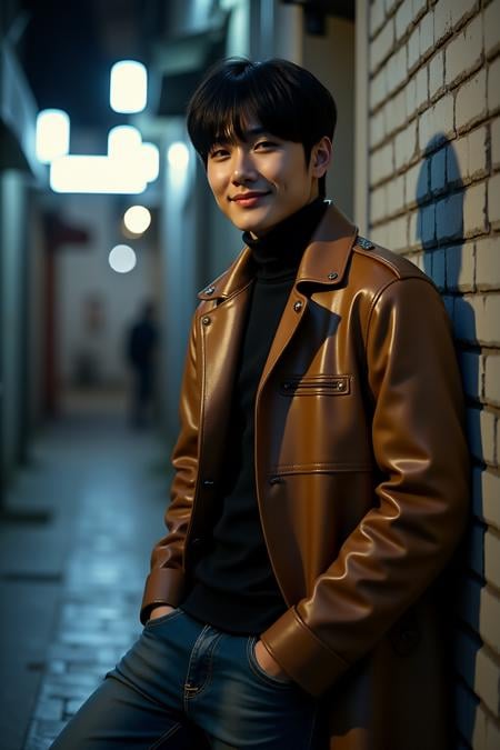 real life photo,grainy photo,solo,realistic,black hair,handsome smiling boy,short haired korean man wearing brown leather coat and turtleneck sweater,jeans,under neon lights in the dark alley, <lora:fluxboys:0.5> fluxboys,leaning against the wall