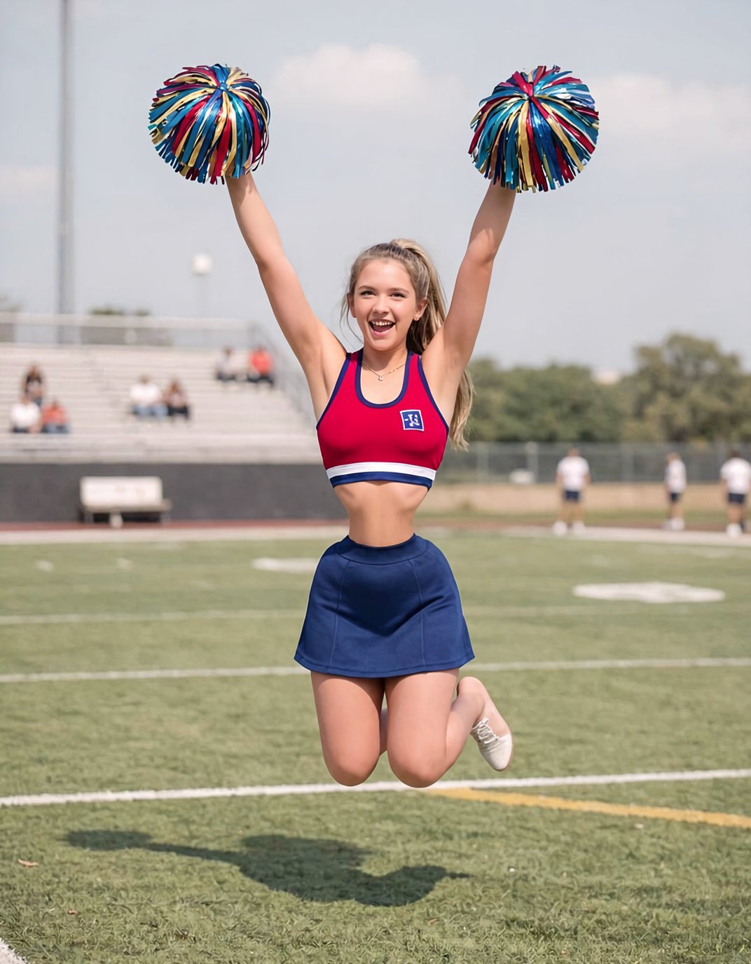 superhipwaist,  a photograph of a cheerleader on a football field,  jumping into the air with her hands above her head and...