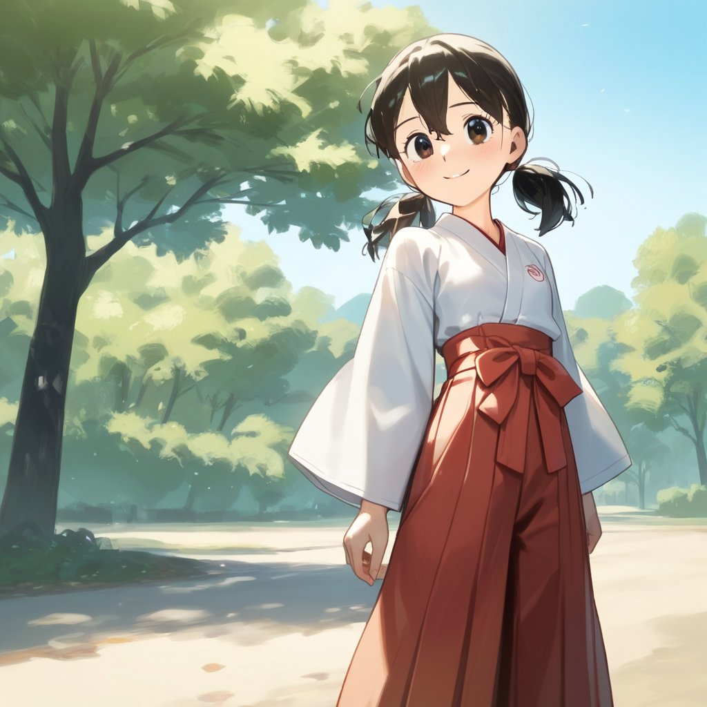 score_9, score_8_up, score_7_up, score_6_up, score_5_up, score_4_up, source_anime,minamoto shizuka,1girl, solo, japanese clothes, black hair,miko, black eyes, smile, twintails, outdoors, hakama, looking at viewer, skirt, short hair, day, short twintails, hakama skirt, tree, red hakama, long sleeves,masterpiece, perfect face, best quality, beautiful girl, cute girl, beautiful eyes, shiny eyes, anime coloring, anime screencap, absurdres, outdoors,<lora:minamoto shizuka mala 922:1>