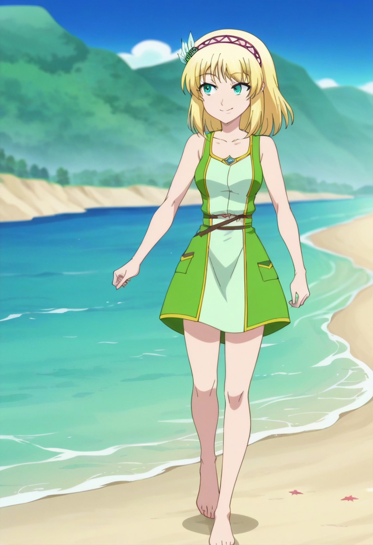 score_9, score_8_up, score_7_up, score_6_up, score_5_up, score_4_up , anime coloring ,BREAK source_anime, anime,screencap,1girl, solo, bangs, blonde hair, hair ornament, green eyes, hairband, medium hair, aqua eyes, bare arms, collarbone, summer dress, barefoot, <lora:PonyXL Cayna V1:1>outdoors, beach, sea water, sealine, walking along the coast, smile