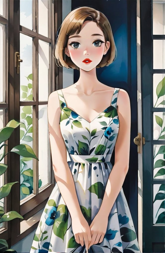 <lora:inset02-000016:0.6>,1girl, solo, looking at viewer, blush, short hair, brown hair, dress, standing, collarbone, flower, cowboy shot, sleeveless, white dress, black eyes, lips, window, makeup, sleeveless dress, leaf, floral print, plant, lipstick, red lips, print dress