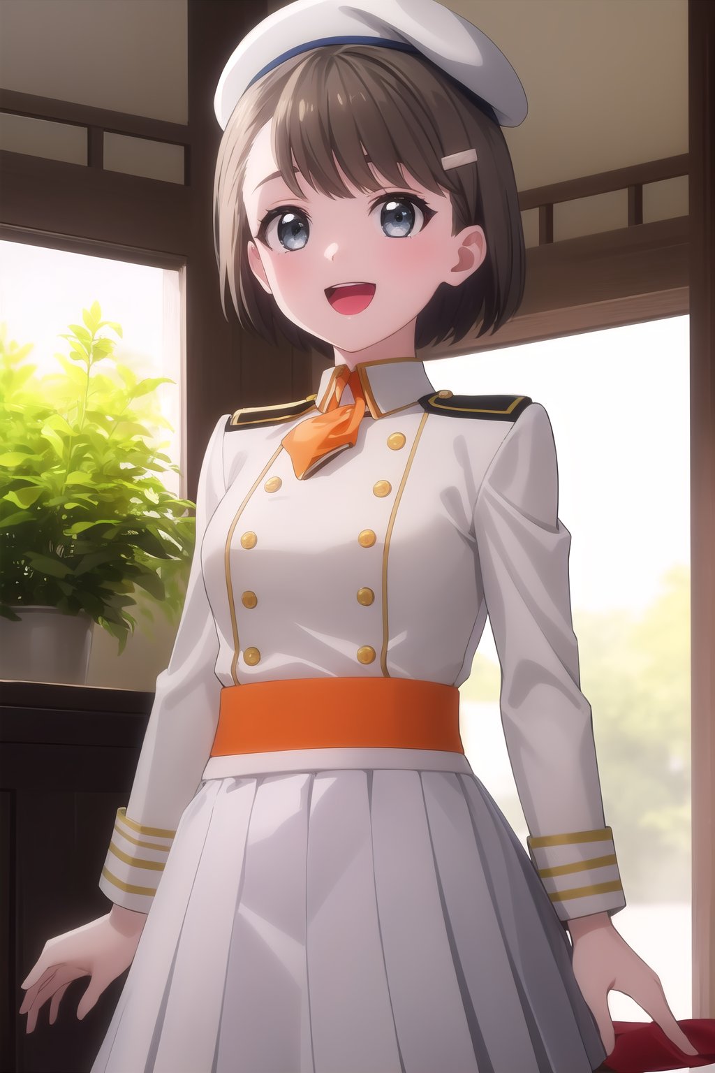 (masterpiece, best quality), highly detailed background, perfect lightingbest quality, onomami, solo, indoors, stage, idol, beret, white headwear, brown hair, swept bangs, hairclip, short hair, grey eyes, medium breasts, epaulettes, white jacket, orange ribbon, sash, white shirt, long sleeves, white skirt, pleated skirt, idol clothes, smile, open mouth, :d, <lora:Ono-Mami:0.7>